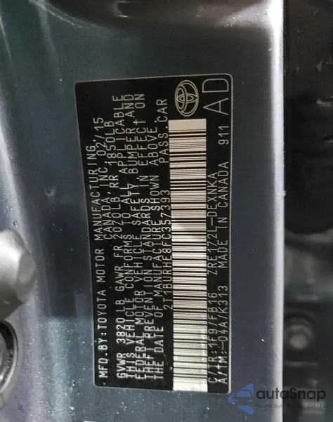 2015 Toyota Corolla Le z USA, uszkodzony, nr VIN 2T1BURHE8FC357393